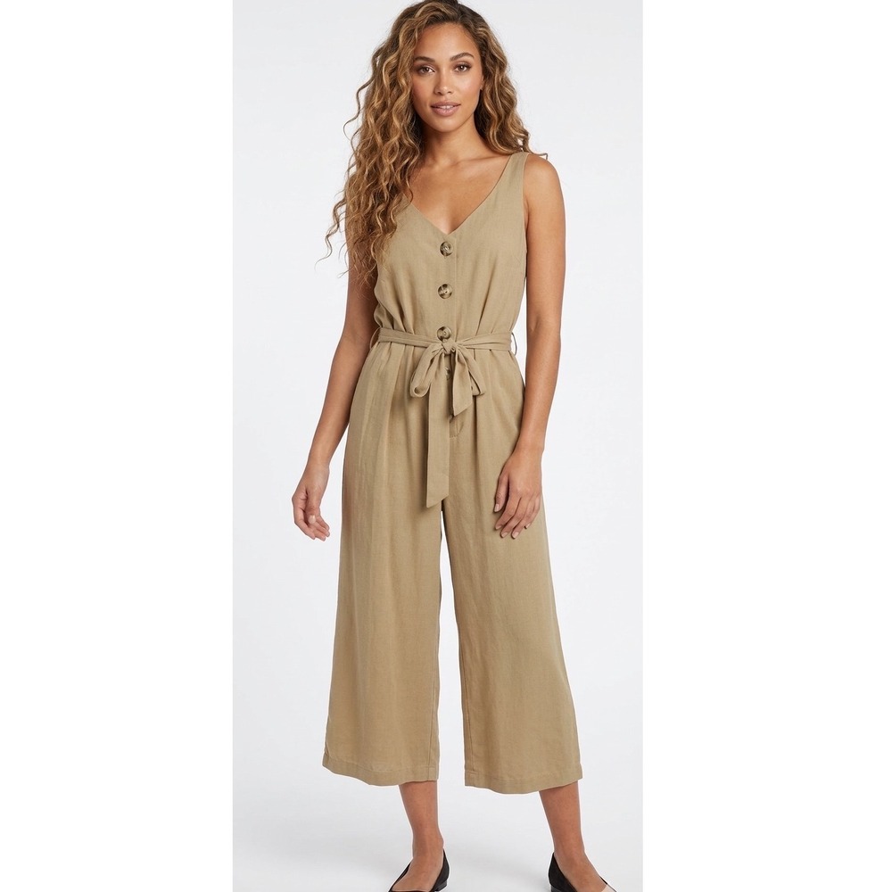 Max + Ash Jumpsuit Tan Button Front Wide Leg Belted Culotte Small NEW